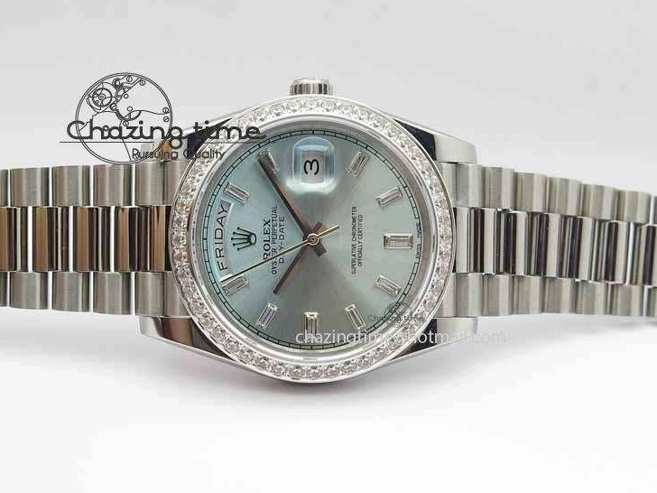 MiroTime 1218 Stylish Day Date 40mm SS BP Maker Best Edition Diamond Bezel Ice Blue Dial On SS Bracelet ETA 3699